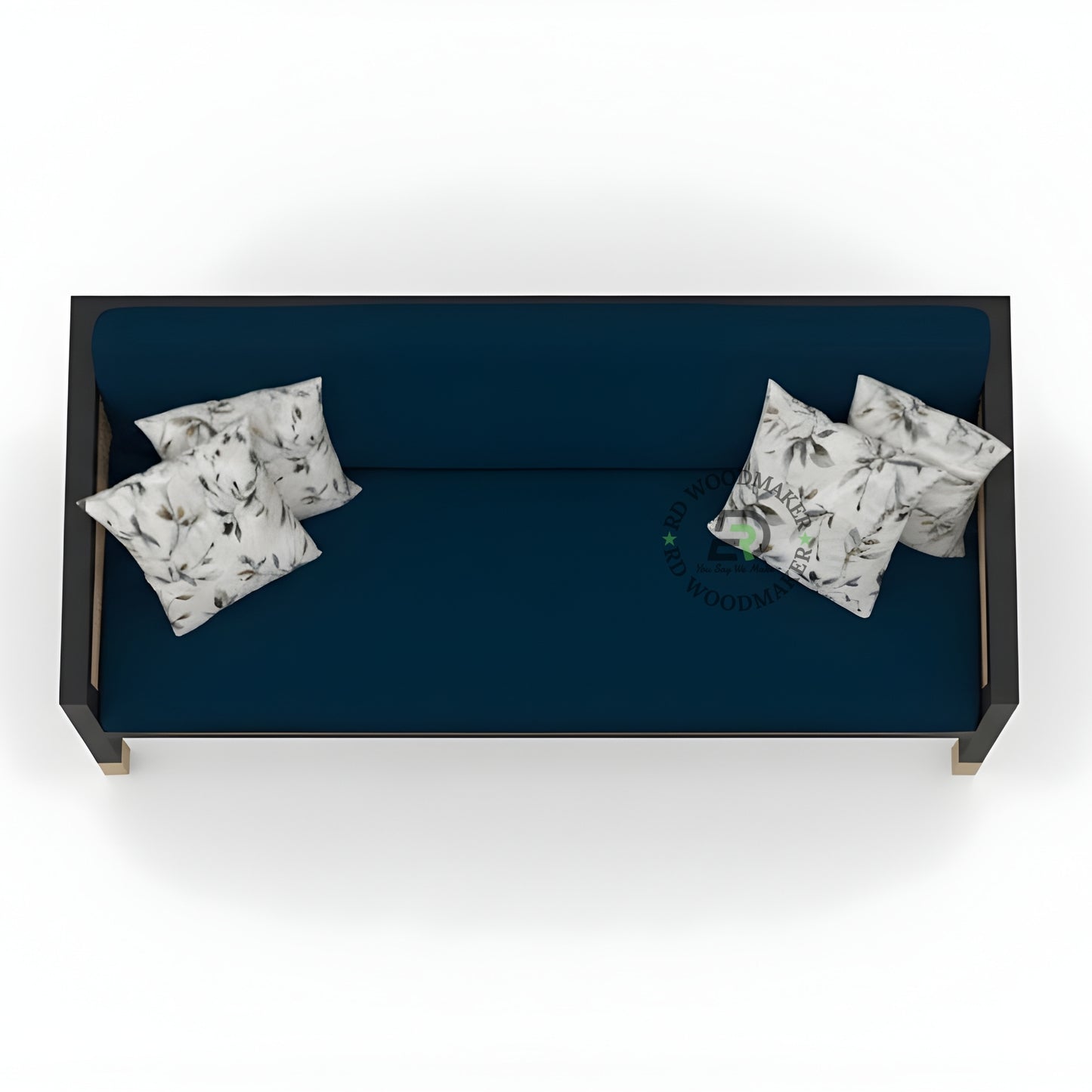 NAVY BLUE FABRIC SOFA WITH CANE SIDES AND GOLD FEET