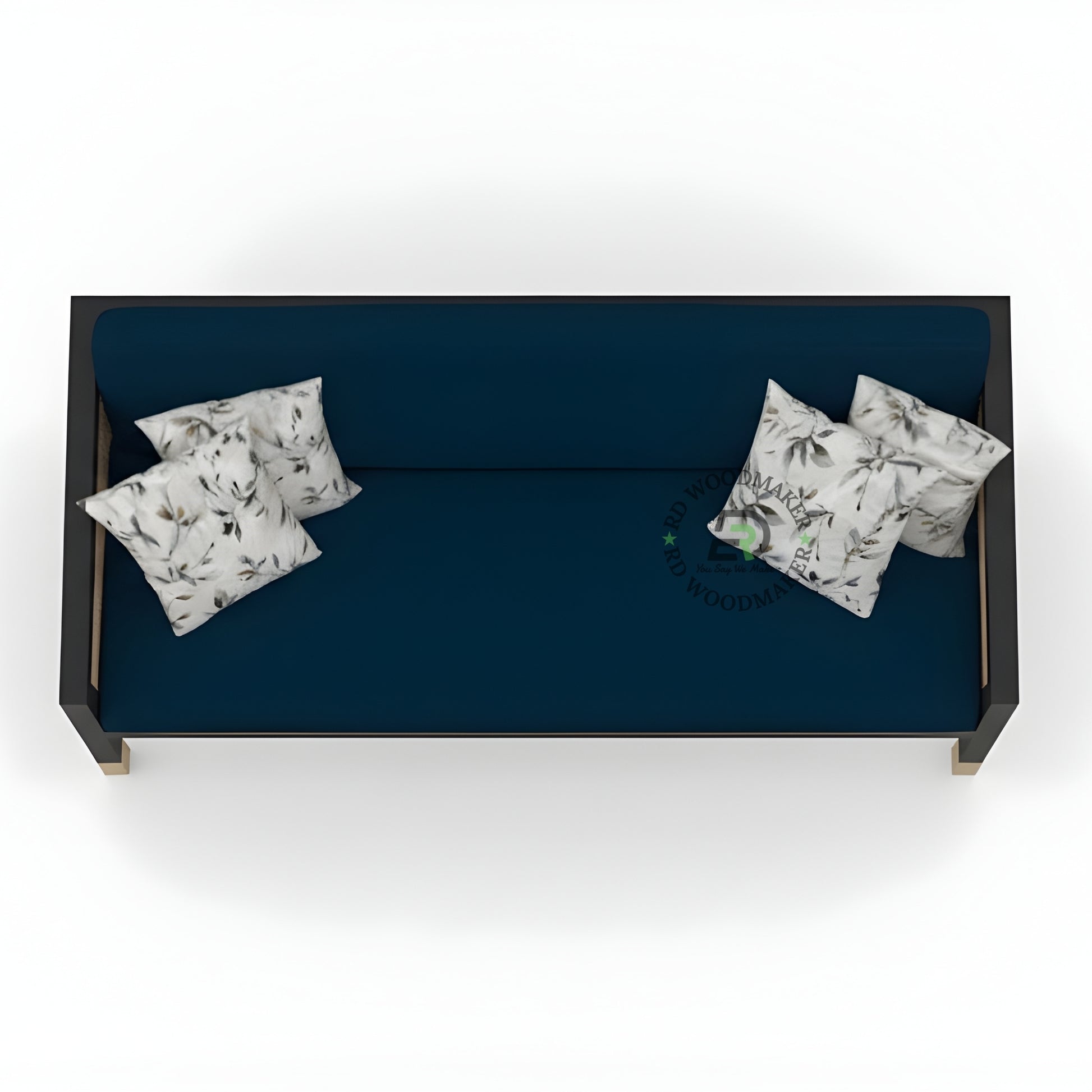 NAVY BLUE FABRIC SOFA WITH CANE SIDES AND GOLD FEET