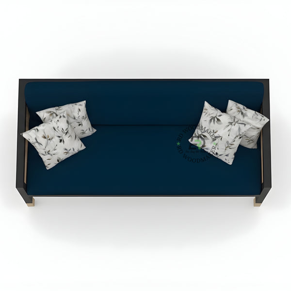 NAVY BLUE FABRIC SOFA WITH CANE SIDES AND GOLD FEET