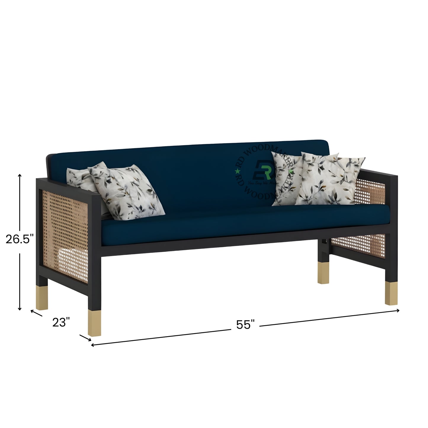 NAVY BLUE FABRIC SOFA WITH CANE SIDES AND GOLD FEET