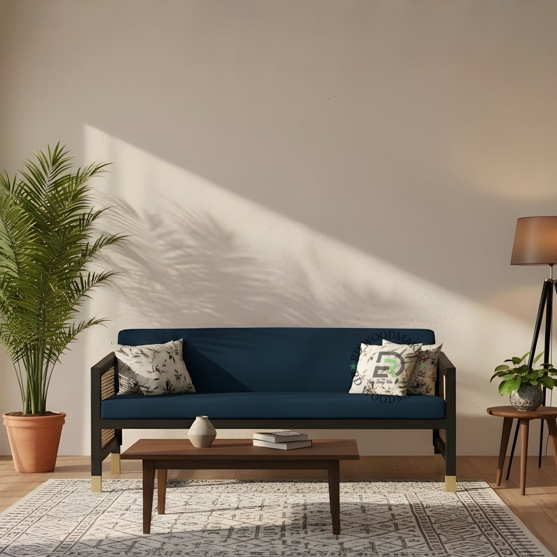 NAVY BLUE FABRIC SOFA WITH CANE SIDES AND GOLD FEET