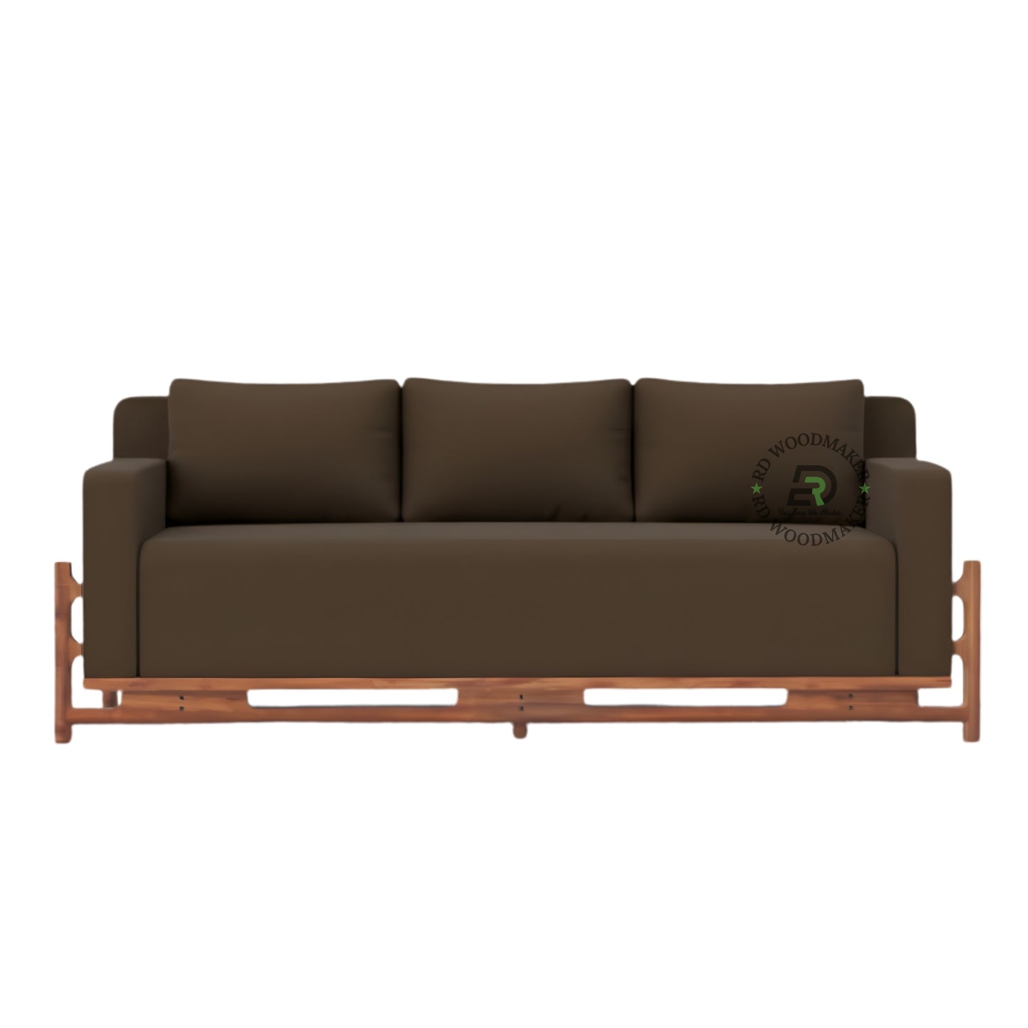 MODERN BROWN 3 SEATER SOFA WITH EXPOSED WOODEN FRAME