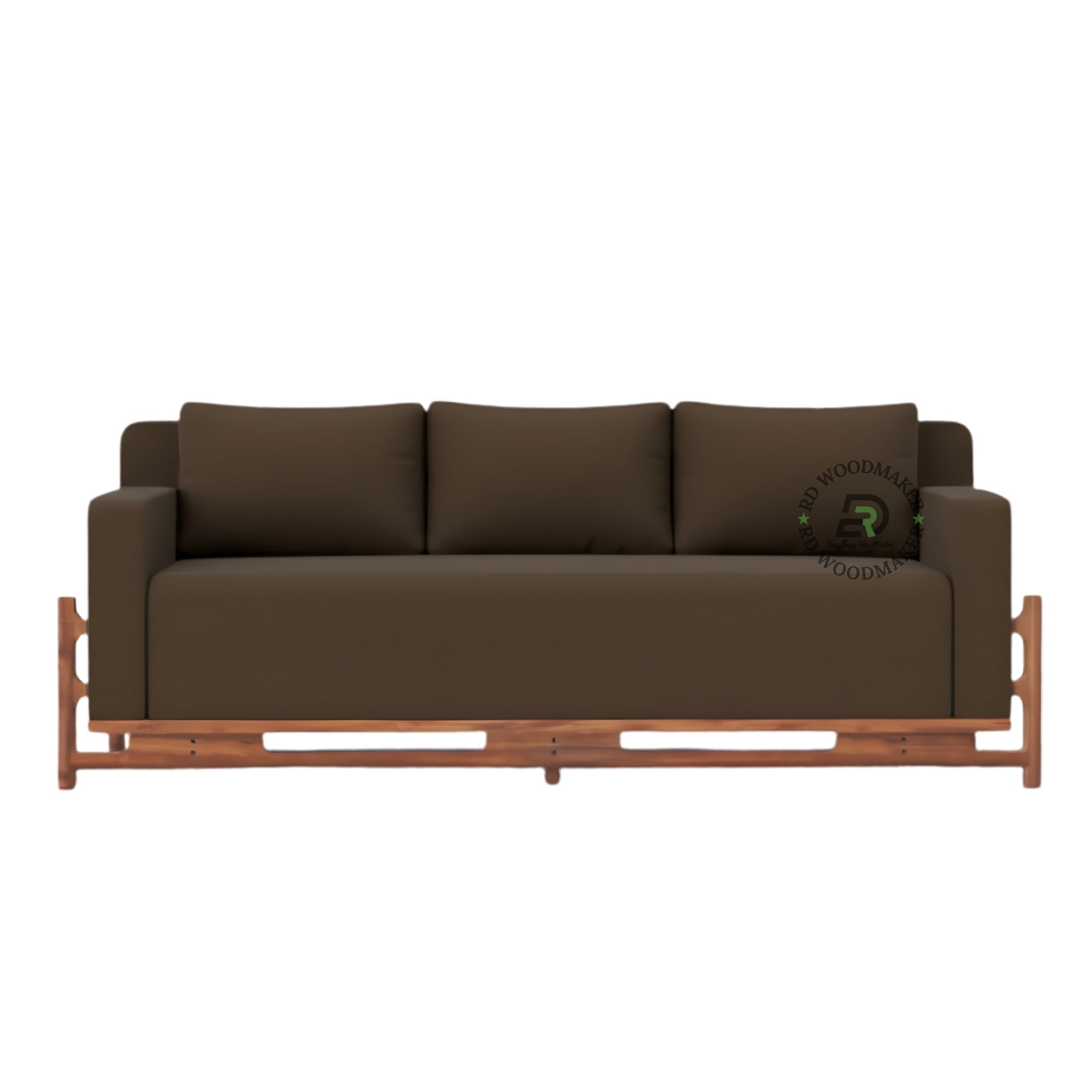 MODERN BROWN 3 SEATER SOFA WITH EXPOSED WOODEN FRAME