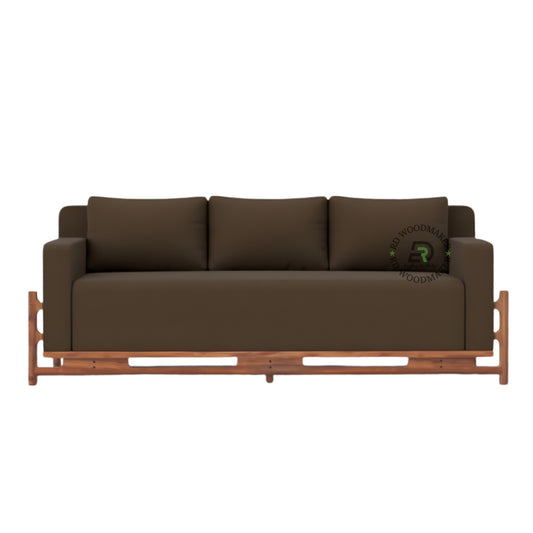 MODERN BROWN 3 SEATER SOFA WITH EXPOSED WOODEN FRAME