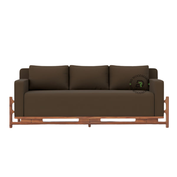 MODERN BROWN 3 SEATER SOFA WITH EXPOSED WOODEN FRAME