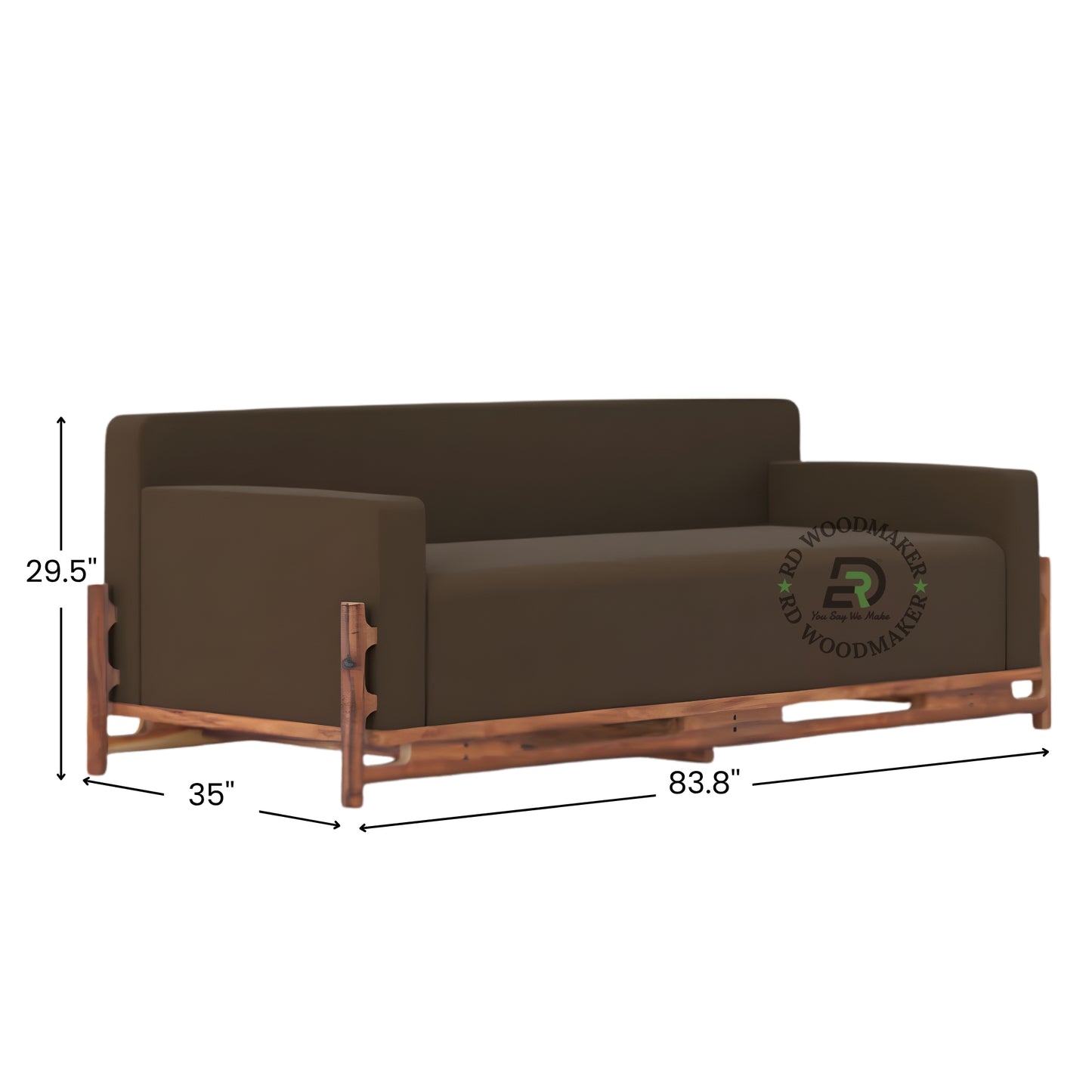 MODERN BROWN 3 SEATER SOFA WITH EXPOSED WOODEN FRAME