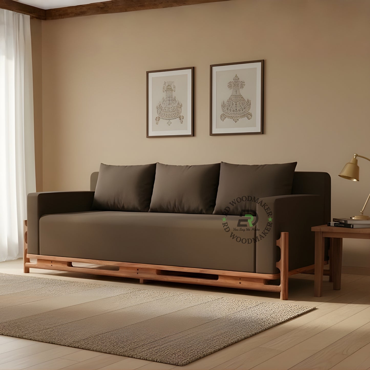 MODERN BROWN 3 SEATER SOFA WITH EXPOSED WOODEN FRAME