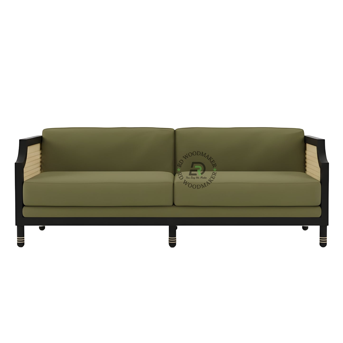 OLIVE GREEN CANE SIDE WOODEN 2 SEATER SOFA
