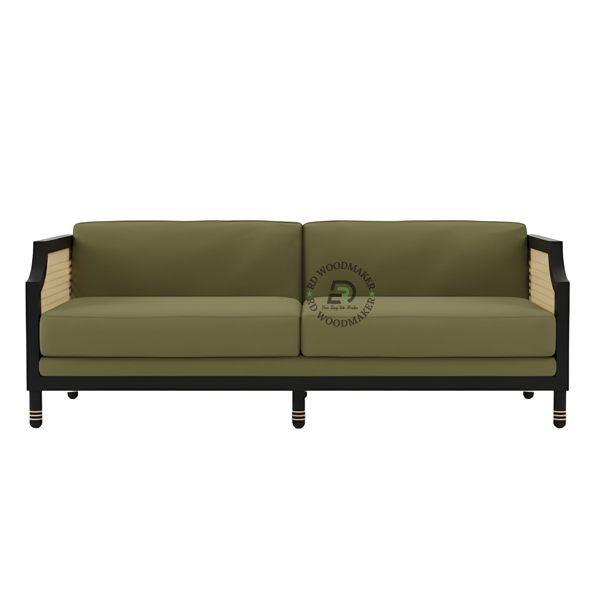 OLIVE GREEN CANE SIDE WOODEN 2 SEATER SOFA