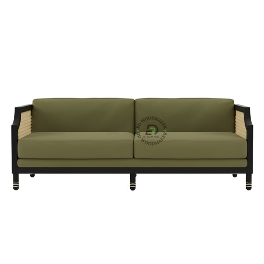 OLIVE GREEN CANE SIDE WOODEN 2 SEATER SOFA