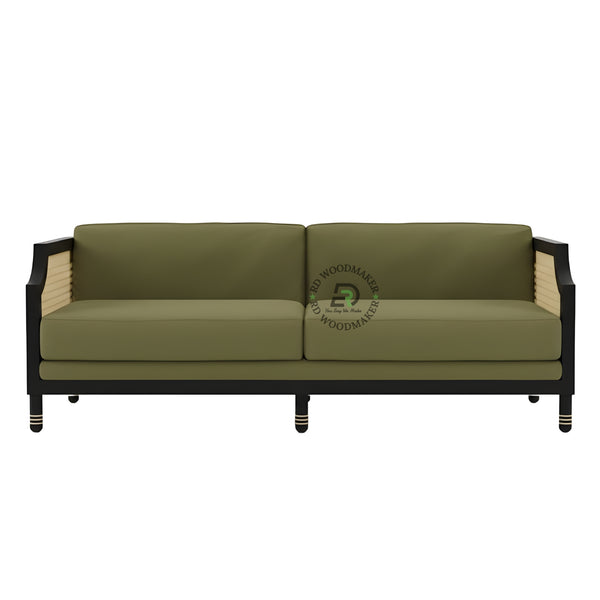 OLIVE GREEN CANE SIDE WOODEN 2 SEATER SOFA