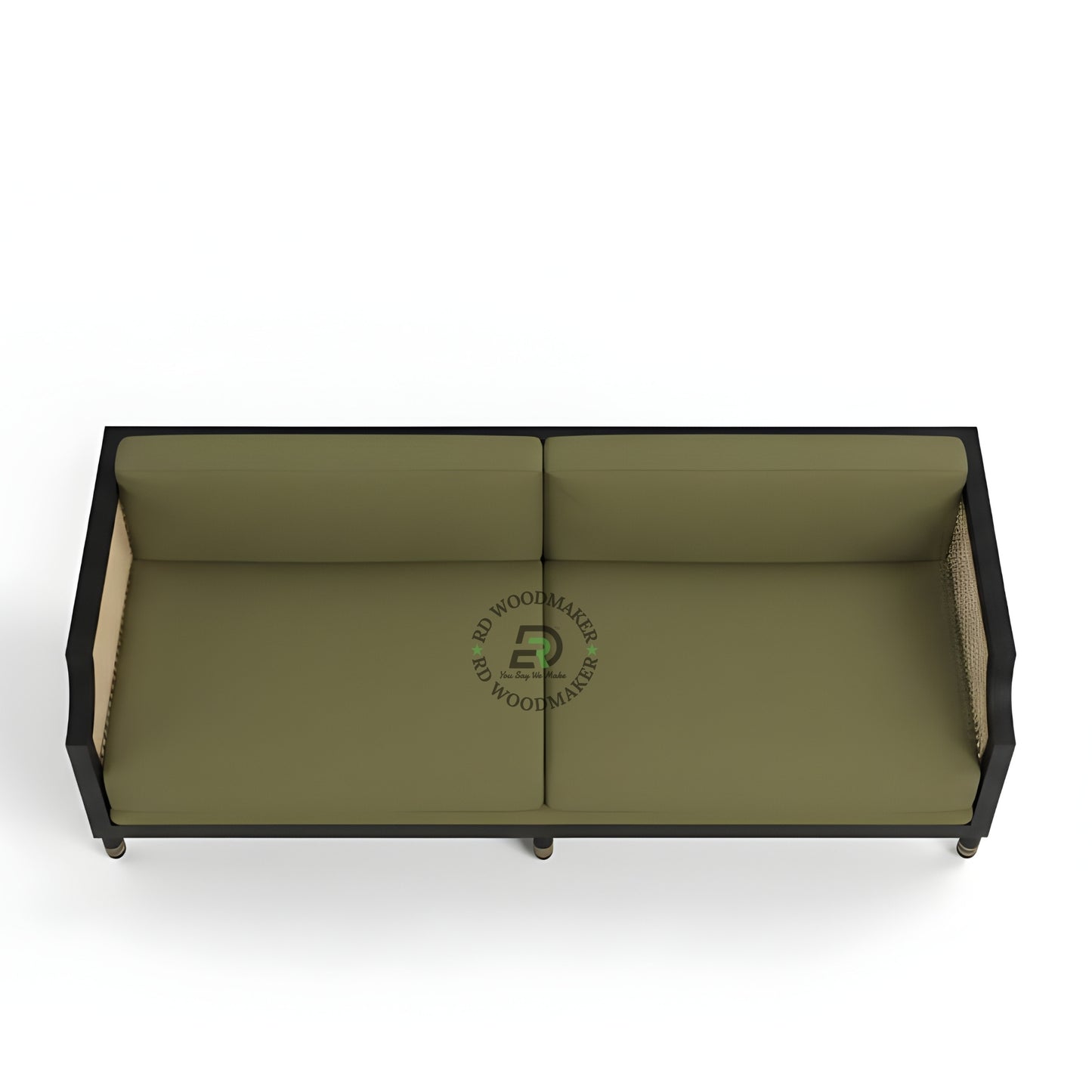 OLIVE GREEN CANE SIDE WOODEN 2 SEATER SOFA