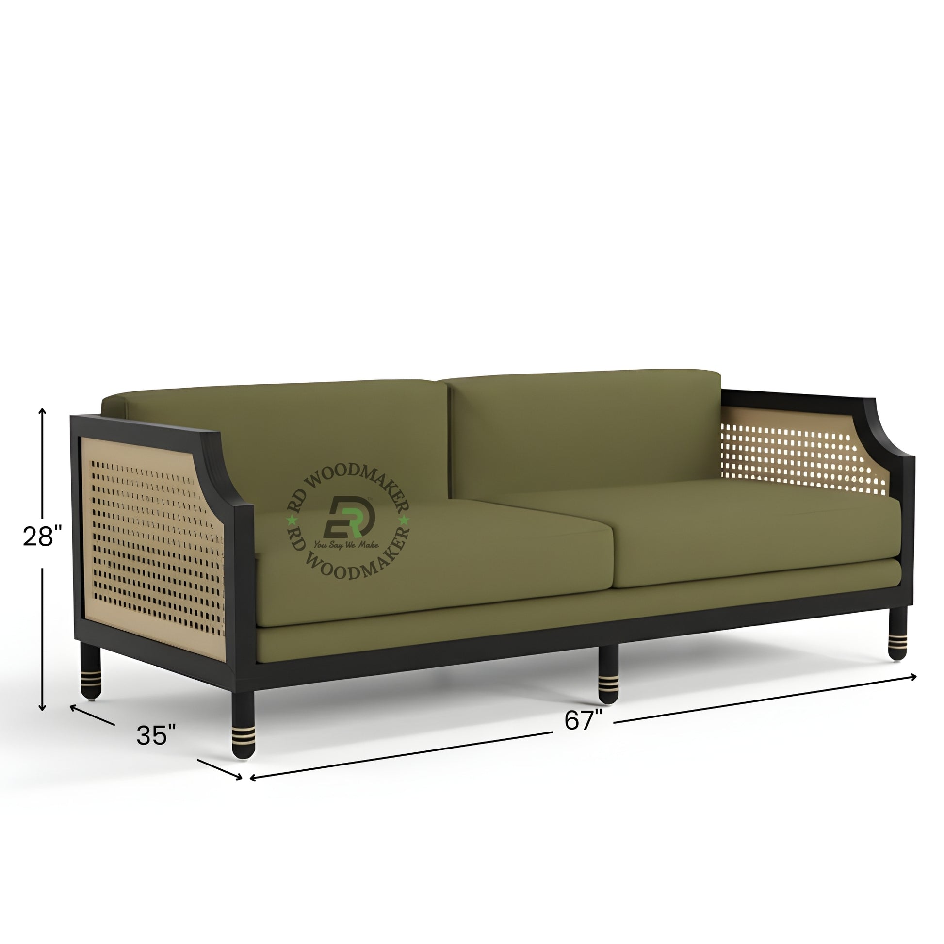 OLIVE GREEN CANE SIDE WOODEN 2 SEATER SOFA