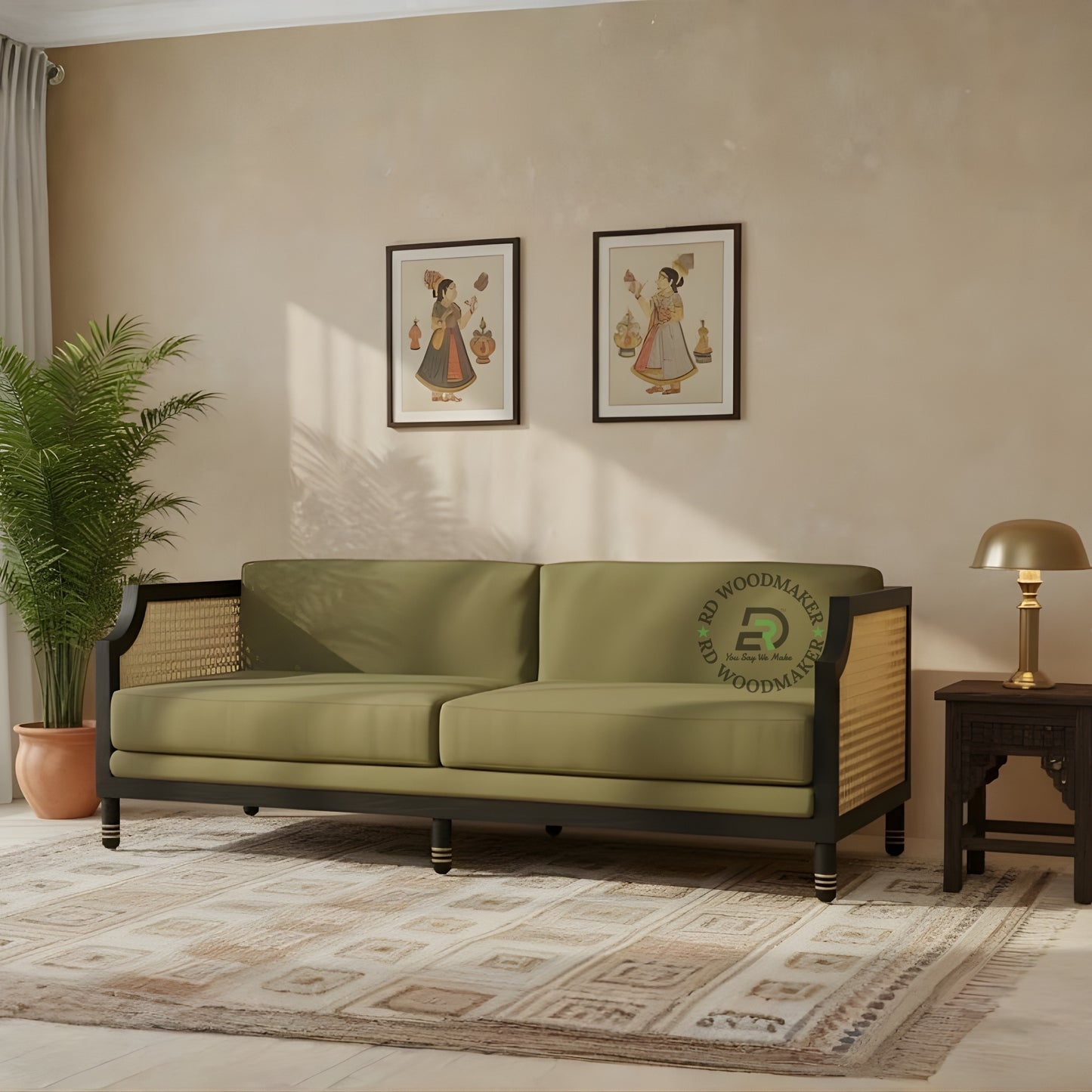 OLIVE GREEN CANE SIDE WOODEN 2 SEATER SOFA