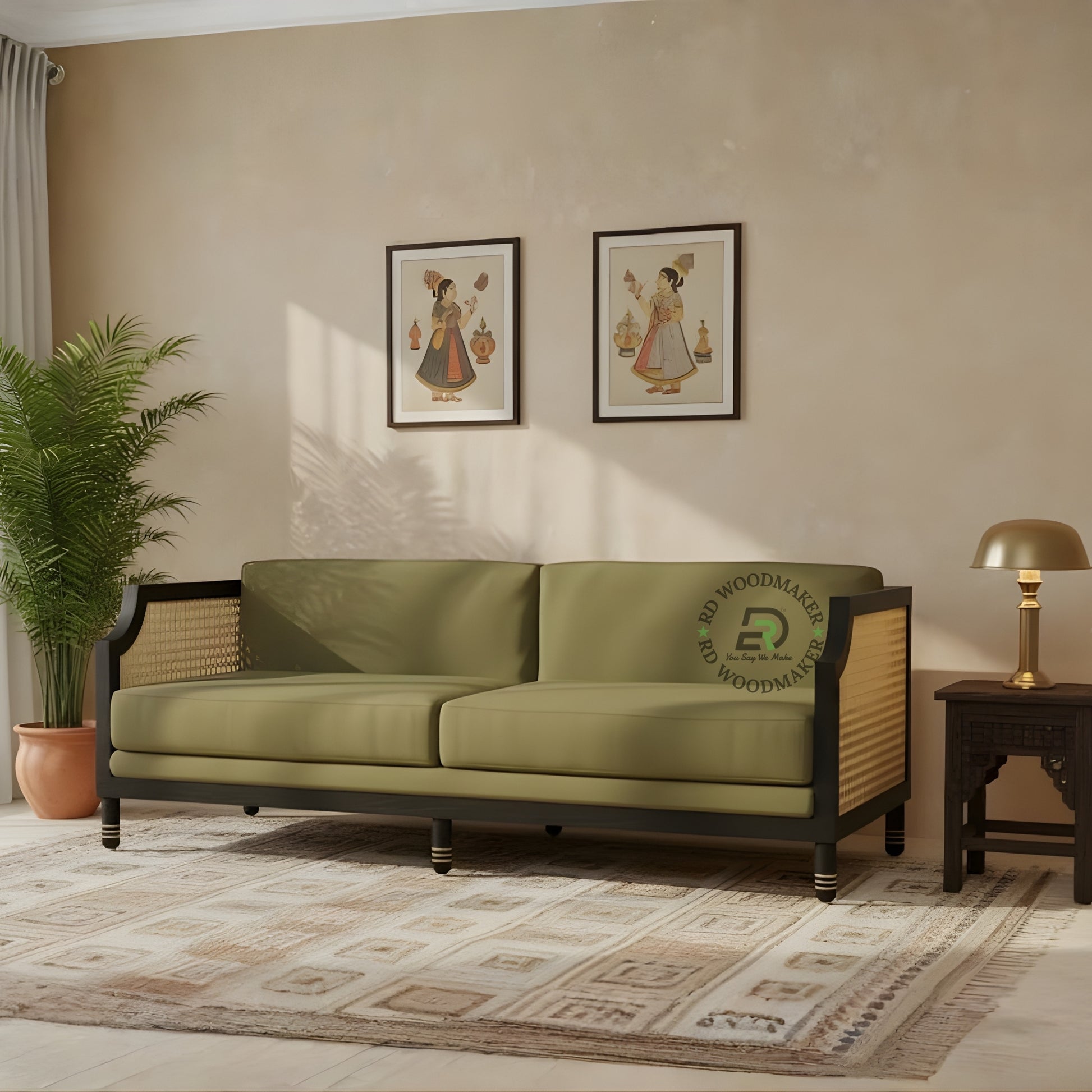OLIVE GREEN CANE SIDE WOODEN 2 SEATER SOFA