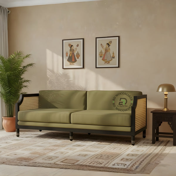 OLIVE GREEN CANE SIDE WOODEN 2 SEATER SOFA