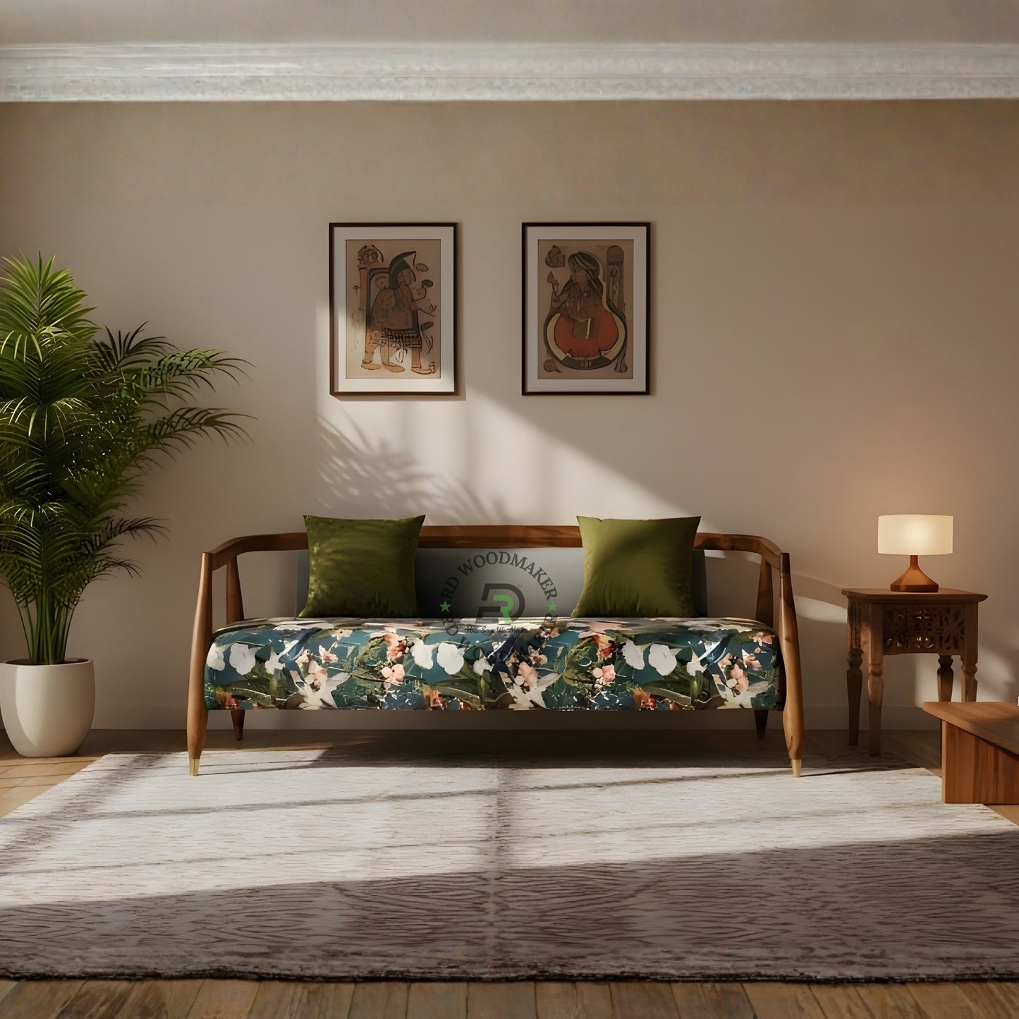 TROPICAL FLORAL PRINT FABRIC SOFA WITH SOLID WOOD FRAME