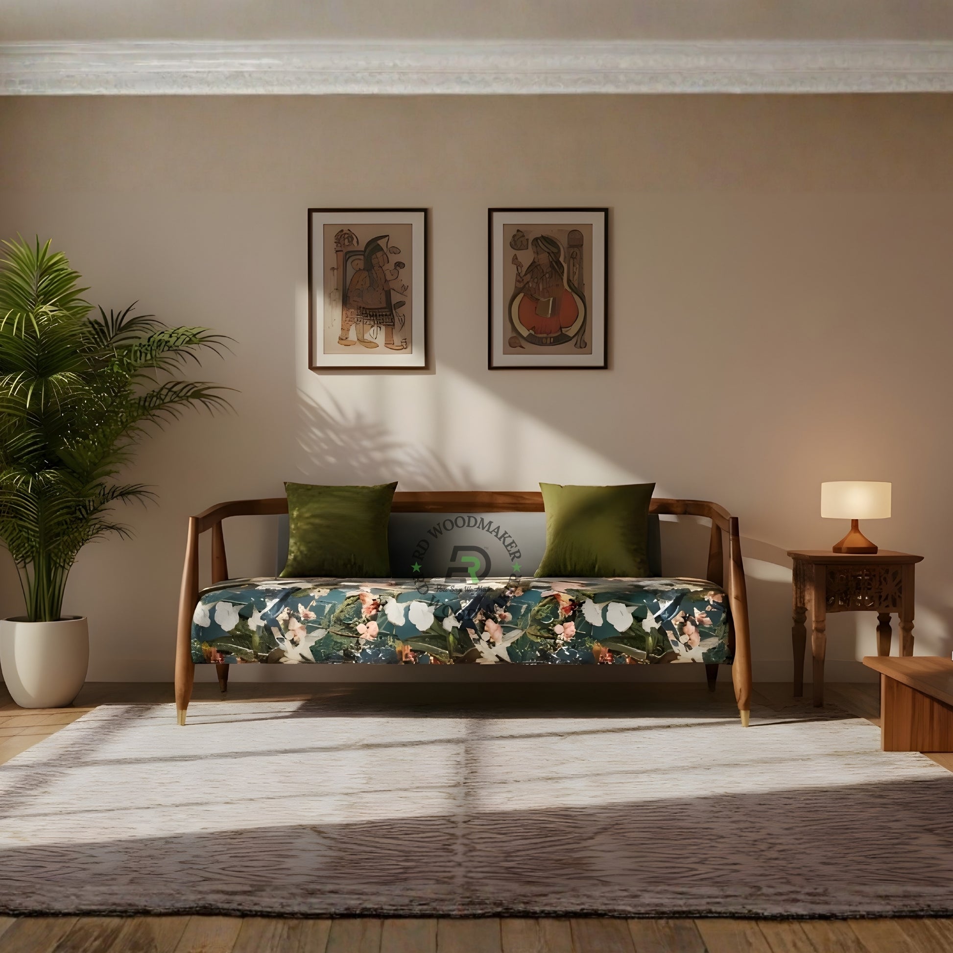 TROPICAL FLORAL PRINT FABRIC SOFA WITH SOLID WOOD FRAME
