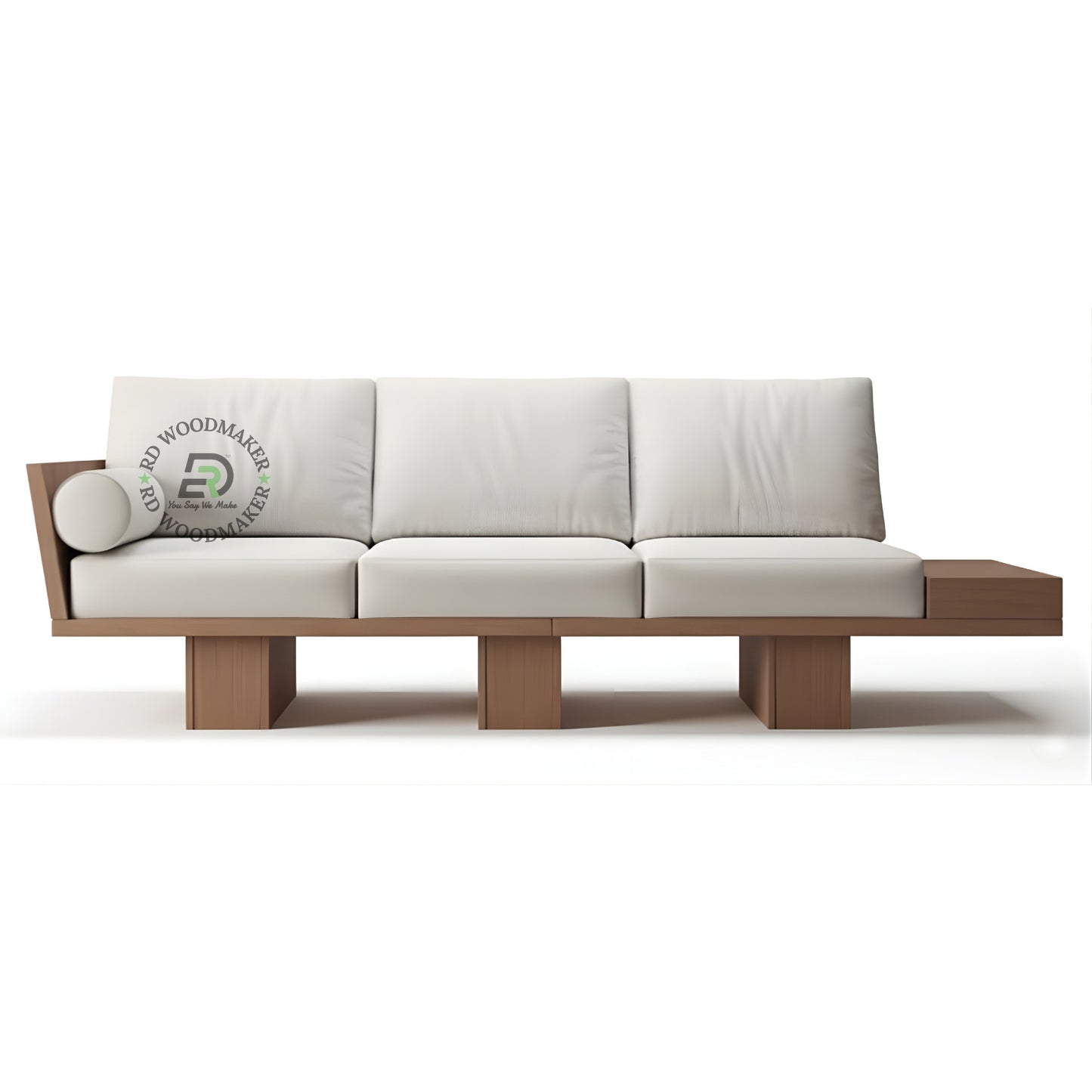 MODERN WHITE FABRIC 3 SEATER PLATFORM SOFA WITH EXTENDED WOODEN BASE