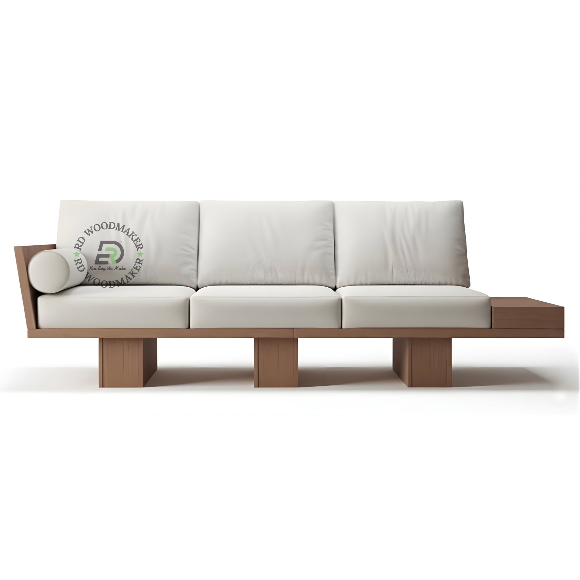 MODERN WHITE FABRIC 3 SEATER PLATFORM SOFA WITH EXTENDED WOODEN BASE