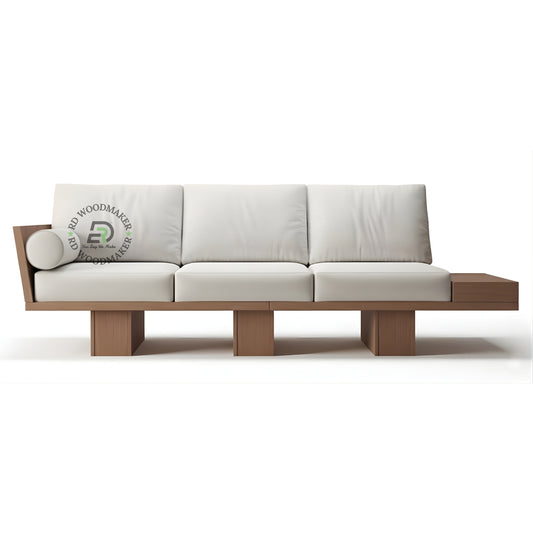 MODERN WHITE FABRIC 3 SEATER PLATFORM SOFA WITH EXTENDED WOODEN BASE