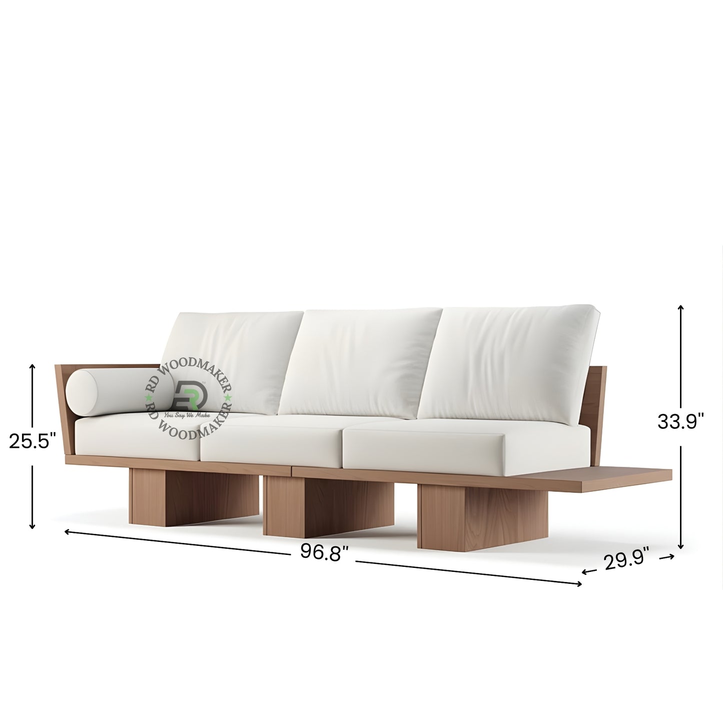 MODERN WHITE FABRIC 3 SEATER PLATFORM SOFA WITH EXTENDED WOODEN BASE
