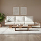 MODERN WHITE FABRIC 3 SEATER PLATFORM SOFA WITH EXTENDED WOODEN BASE