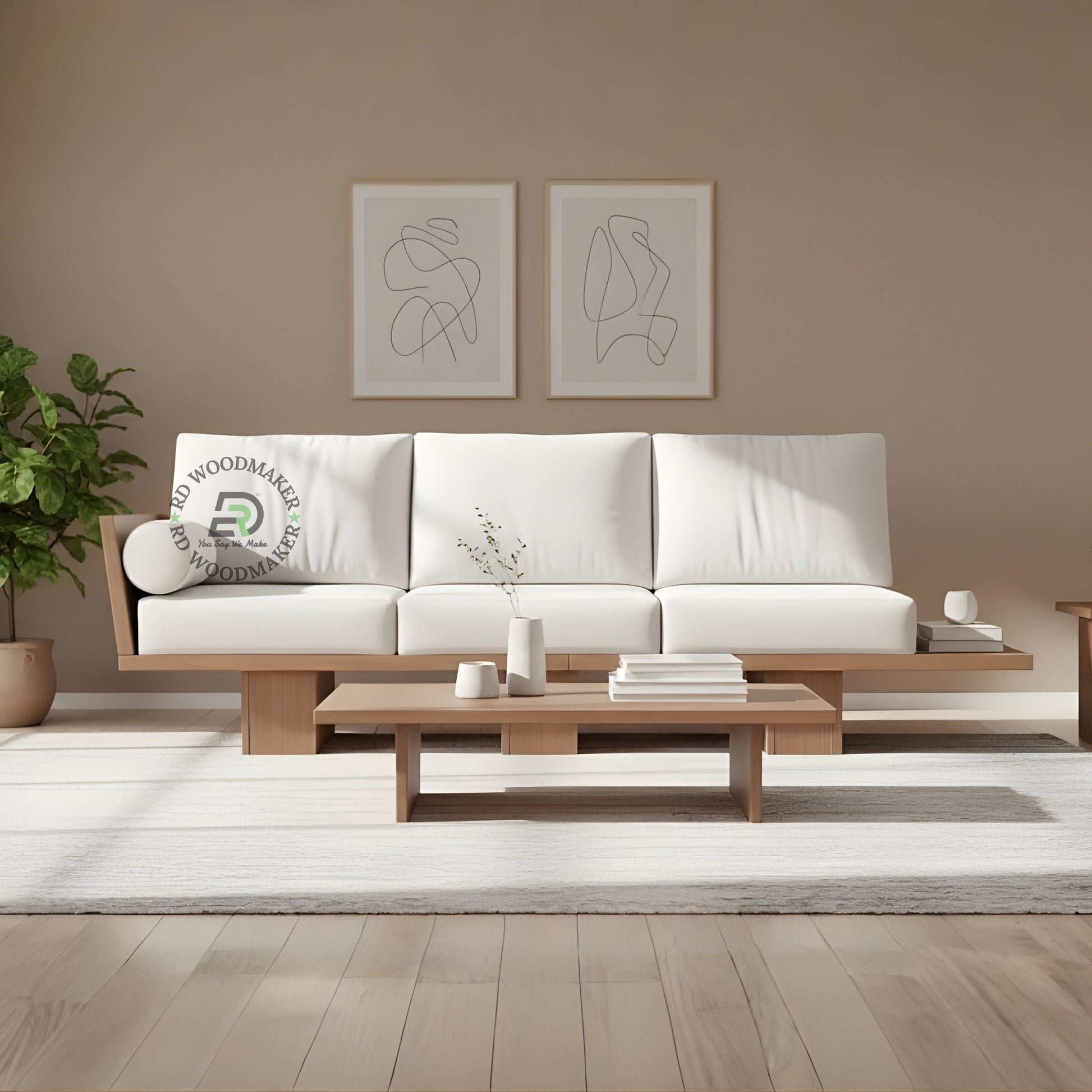 MODERN WHITE FABRIC 3 SEATER PLATFORM SOFA WITH EXTENDED WOODEN BASE