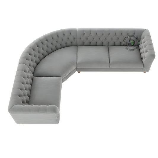 LUXURY GREY VELVET CURVED CHESTERFIELD SECTIONAL SOFA