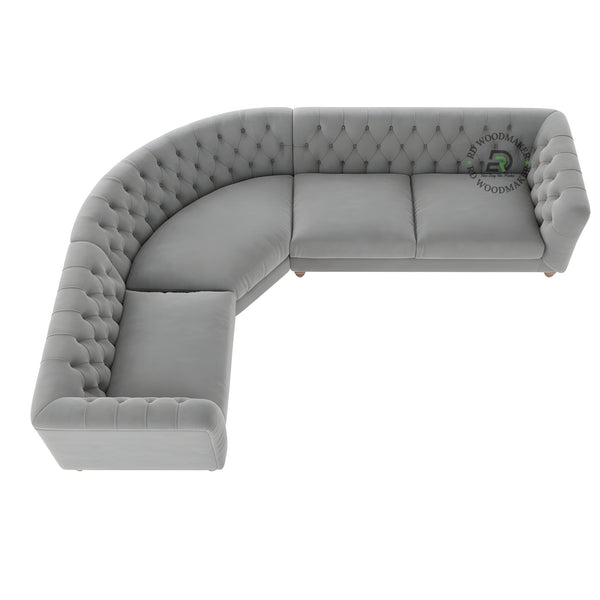 LUXURY GREY VELVET CURVED CHESTERFIELD SECTIONAL SOFA