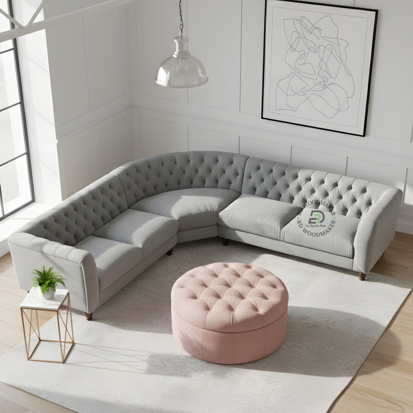 LUXURY GREY VELVET CURVED CHESTERFIELD SECTIONAL SOFA