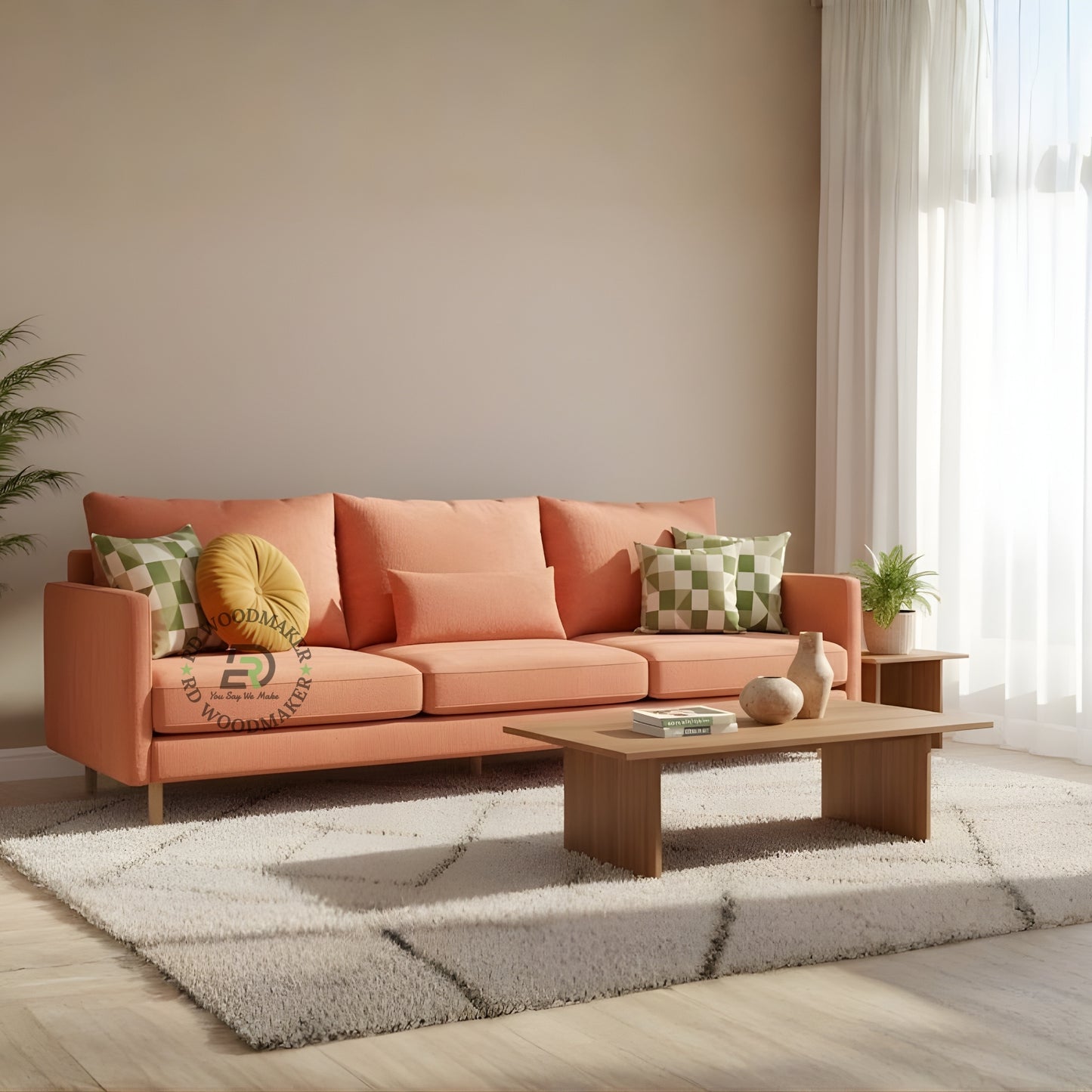 CONTEMPORARY CORAL PEACH FABRIC 3 SEATER SOFA