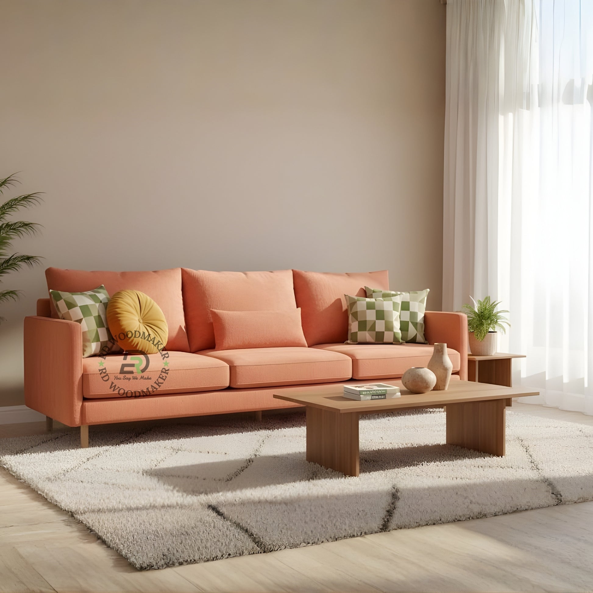 CONTEMPORARY CORAL PEACH FABRIC 3 SEATER SOFA