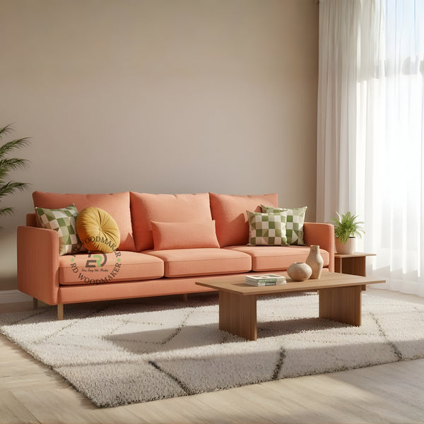 CONTEMPORARY CORAL PEACH FABRIC 3 SEATER SOFA