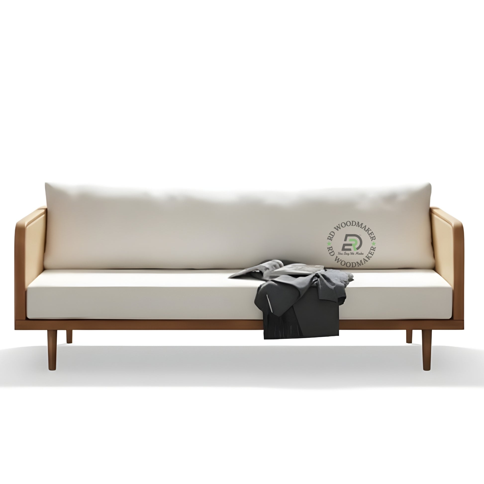 MODERN CREAM FABRIC 3 SEATER SOFA WITH WOVEN CANE SIDES