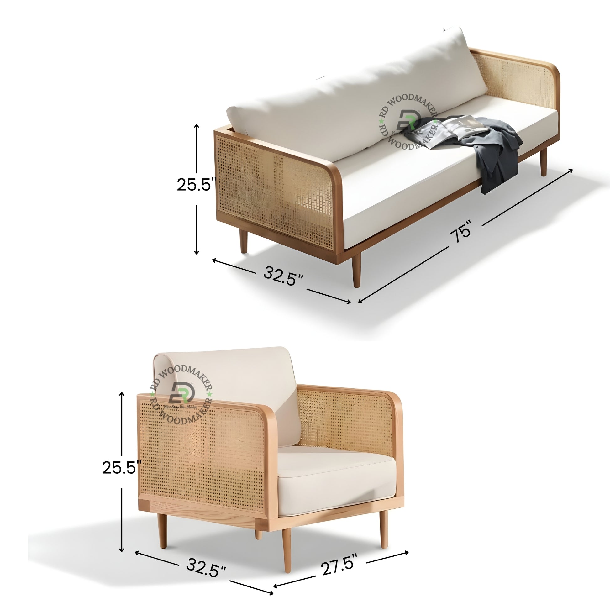 MODERN CREAM FABRIC 3 SEATER SOFA WITH WOVEN CANE SIDES