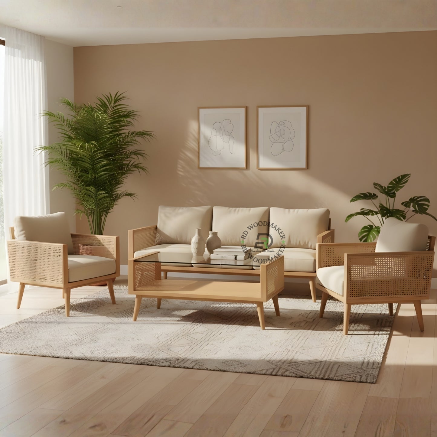 MODERN CREAM FABRIC 3 SEATER SOFA WITH WOVEN CANE SIDES