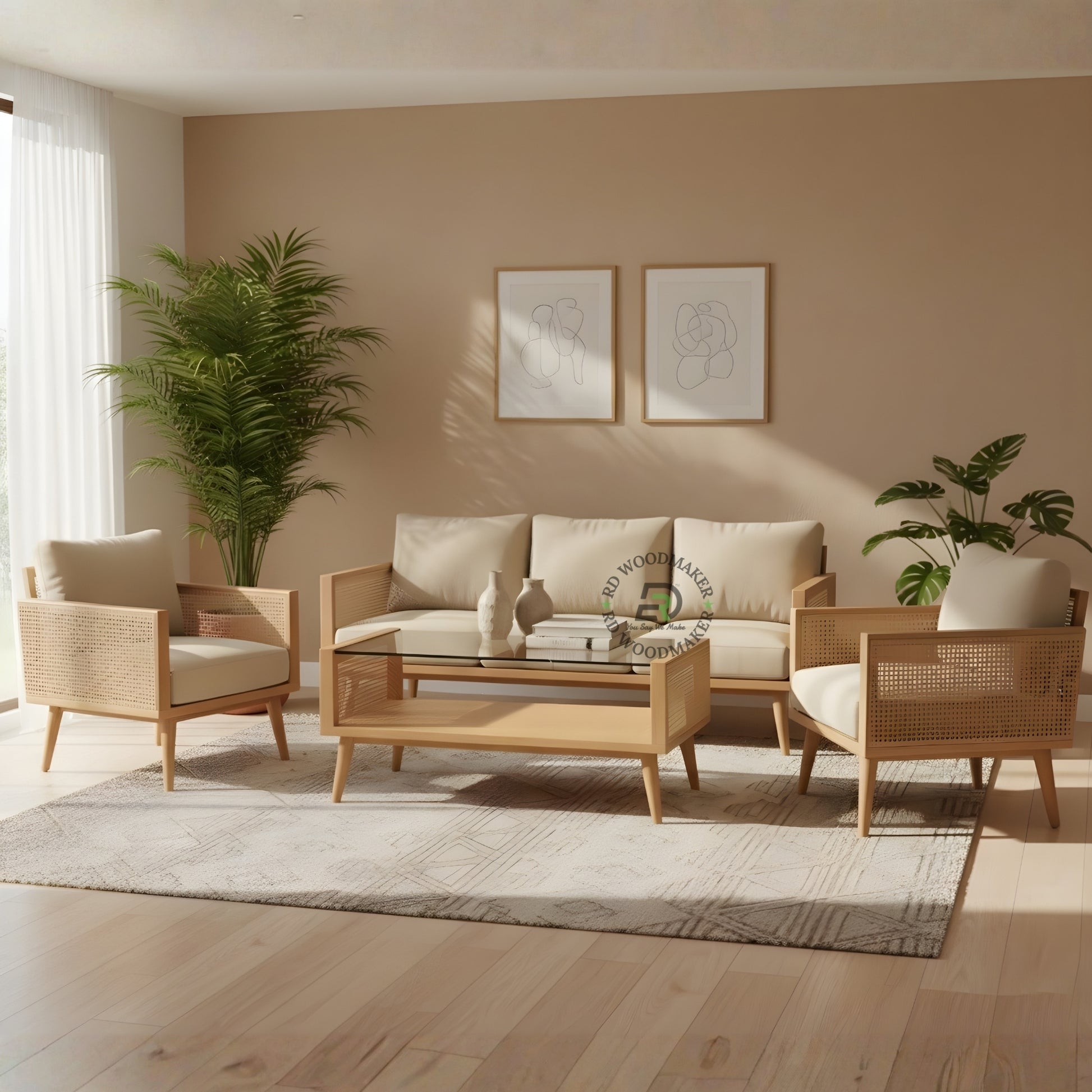 MODERN CREAM FABRIC 3 SEATER SOFA WITH WOVEN CANE SIDES