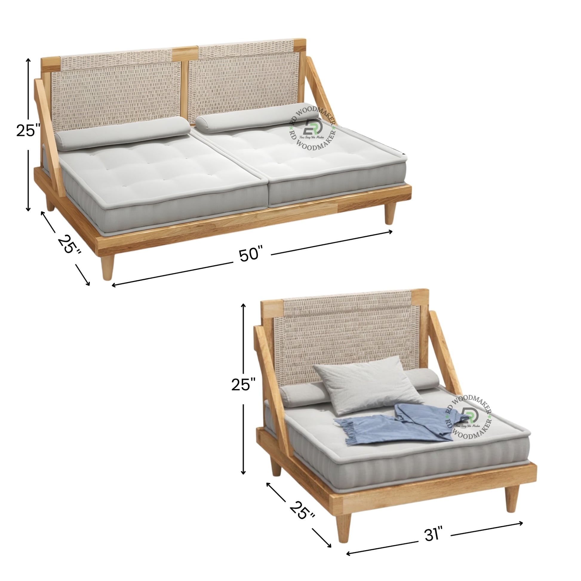 BOHO STYLE WOODEN FLOOR DAYBED SOFA WITH CANE BACKREST