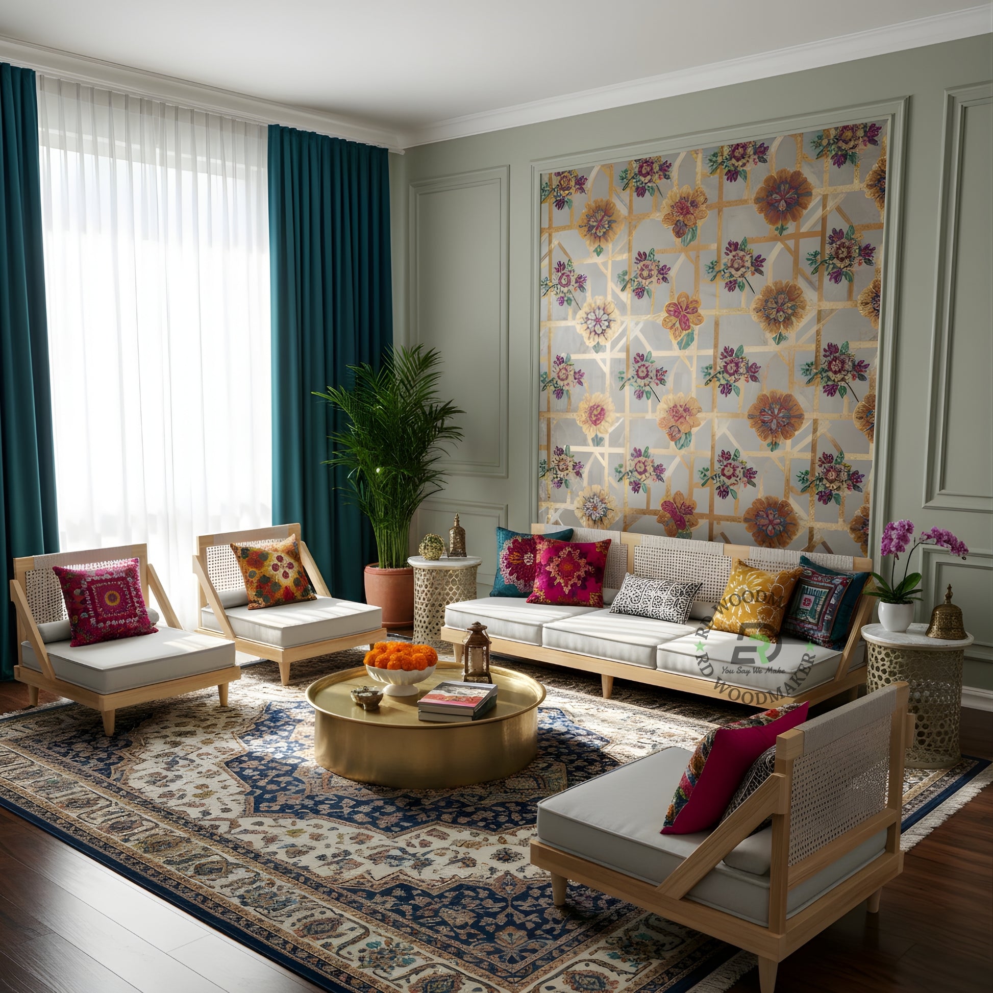 BOHO STYLE WOODEN FLOOR DAYBED SOFA WITH CANE BACKREST