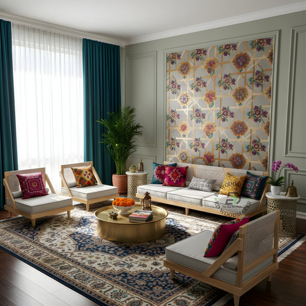BOHO STYLE WOODEN FLOOR DAYBED SOFA WITH CANE BACKREST