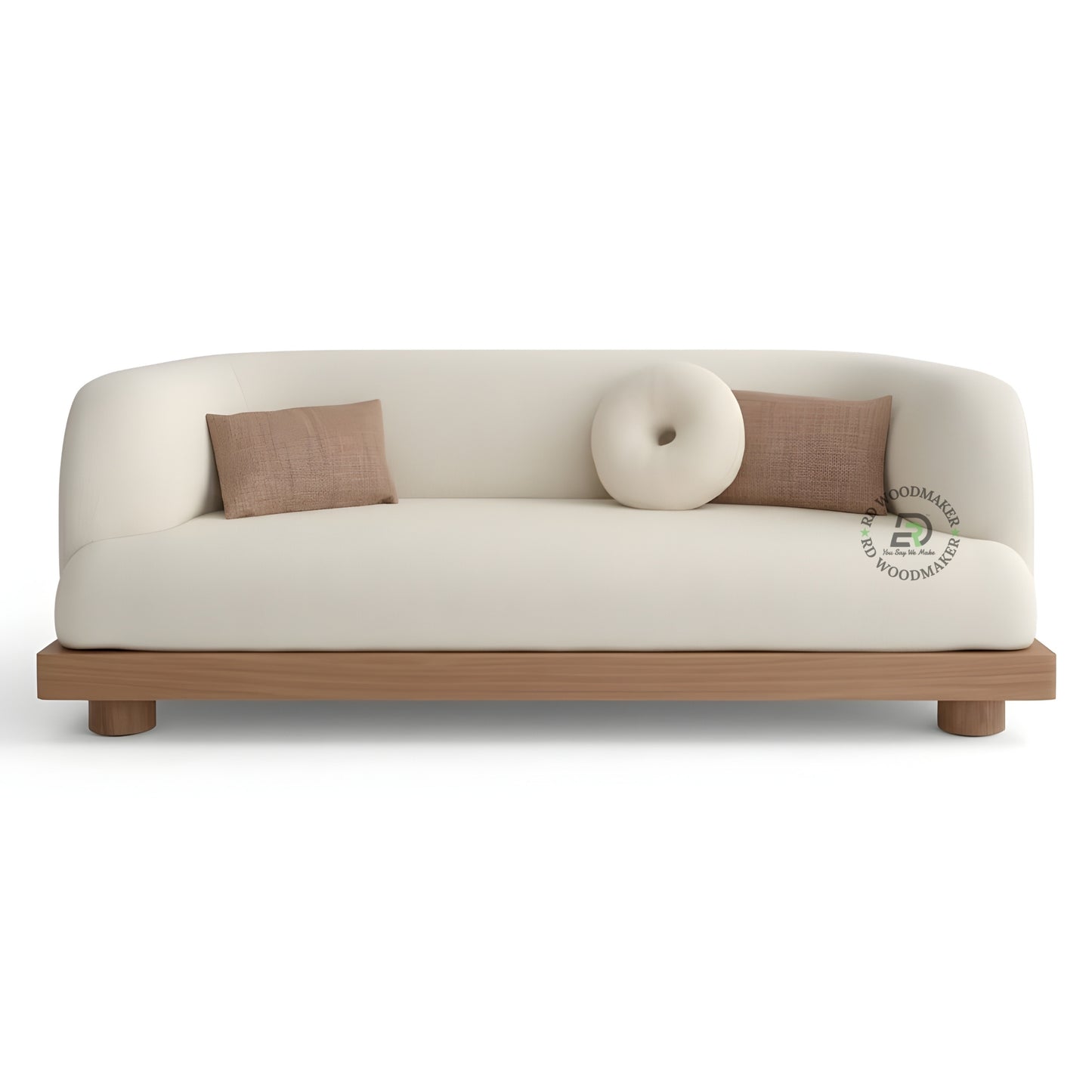 MODERN CURVED BOUCLE SOFA WITH WOODEN BASE