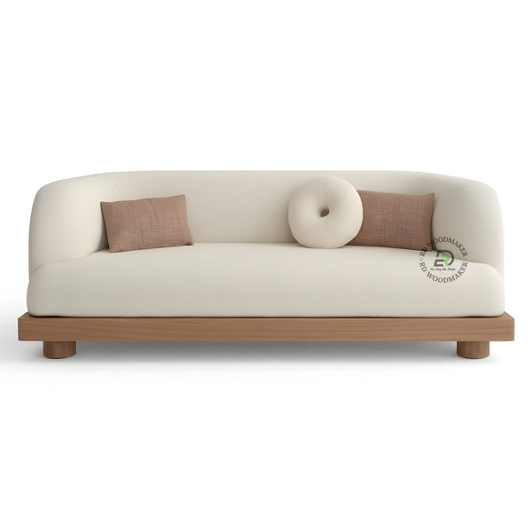 MODERN CURVED BOUCLE SOFA WITH WOODEN BASE