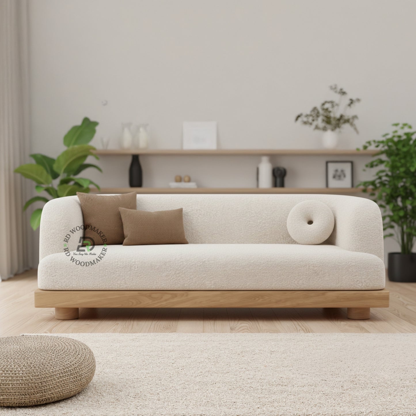 MODERN CURVED BOUCLE SOFA WITH WOODEN BASE