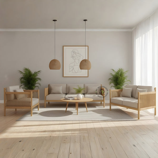 SCANDINAVIAN SOLID WOOD 3 SEATER SPINDLE SOFA