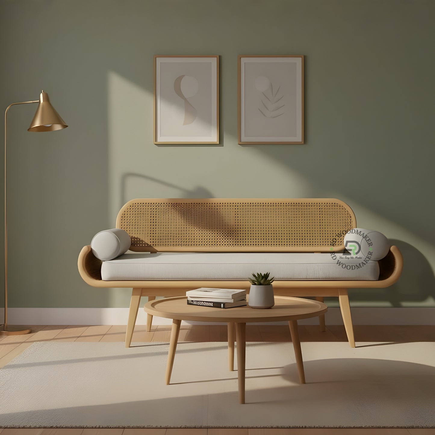 MID CENTURY CURVED WOODEN SOFA WITH CANE BACKREST