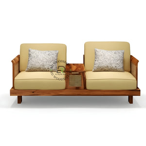 2 SEATER WOODEN SOFA WITH INTEGRATED CENTER CONSOLE TABLE