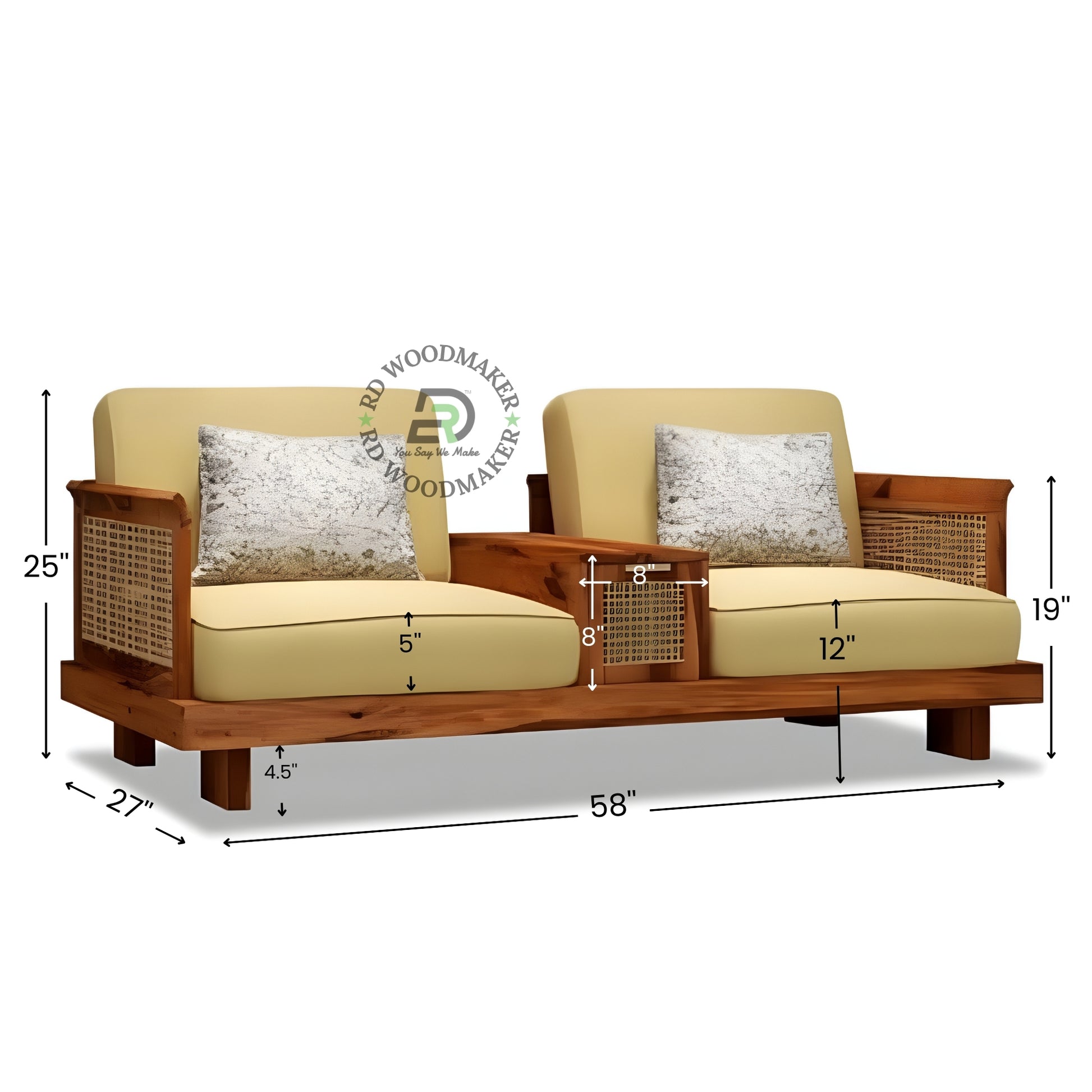 2 SEATER WOODEN SOFA WITH INTEGRATED CENTER CONSOLE TABLE