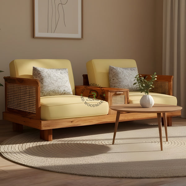 2 SEATER WOODEN SOFA WITH INTEGRATED CENTER CONSOLE TABLE