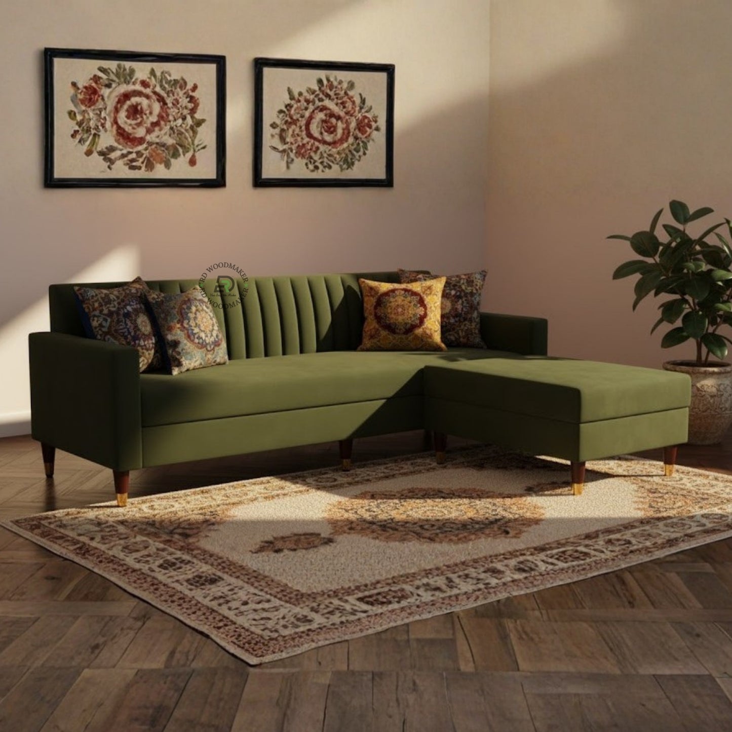 TRADITIONAL WOODEN ARM SOFA WITH CARVED DETAILS